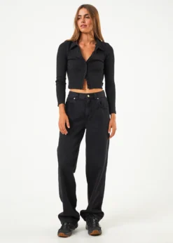 Afends Eliza Hemp Ribbed Long Sleeve Shirt - Black 9 Afends Eliza Hemp Ribbed Long Sleeve Shirt - Black -Roxy Ski Store AfendsWomensEliza HempRibbedLongSleeveShirt Black 1